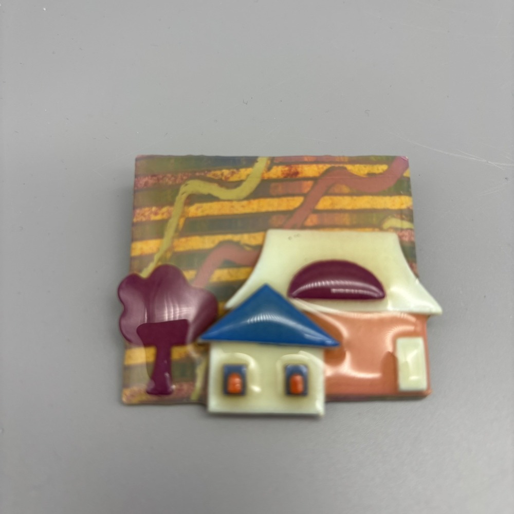 House Pins by Lucinda Artisan Resin Brooch Whimsical Cottage And Tree‎ 2"x1.75"